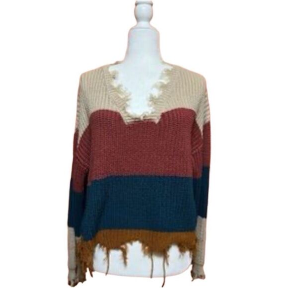 Derek Heart Colorblock Distressed Cropped  VNeck Sweater, L - Picture 1 of 16